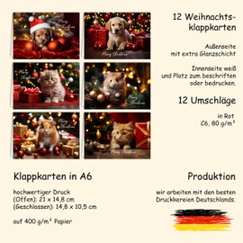 12 Christmas Cards Set Folding Cards with Envelopes A6 Card Cards Envelope Shiny Merry Christmas Xmas Red Animals Dog Cat Mouse Puppy Kitten Guinea Pig