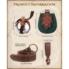 Twistover 6 Pcs Women Renaissance Accessories Leaf Belt Bag Medieval Viking Belt Potion Bottles Leather Skirt Hikes (Green, Coffee,vintage Leaf) (Green, Coffee,Vintage Leaf)