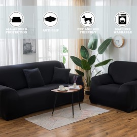 Teynewer 1-Piece Fit Stretch Sofa Cover, Sofa Slipcover Elastic Fabric Minimalism Style Chair Loveseat Couch Settee Sofa Covers Universal Fitted Furniture Cover Protector (2 Seater, Black)