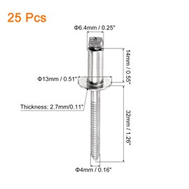 sourcing map 25Pcs 1/4"x1/2" 304 Stainless Steel Dome-Head Blind Rivets, Open-End Type Blind Rivets for DIY, Sheet Metal, Automotive Repairs, Furniture, Boat, and Duct Work (Silver)