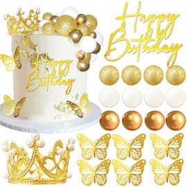 Bolas para tartas de feliz cumpleaños, corona, tiara para cumpleaños, bodas, baby shower, decoración de fiesta (blanco)