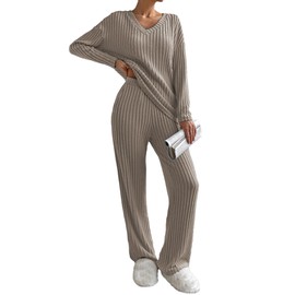 Famulily Pyjamas for Women Long Sleeve V-Neck Loungewear Leisure Suit Wide Leg Pyjamas Two Piece Set Outfit with Pockets, coffee