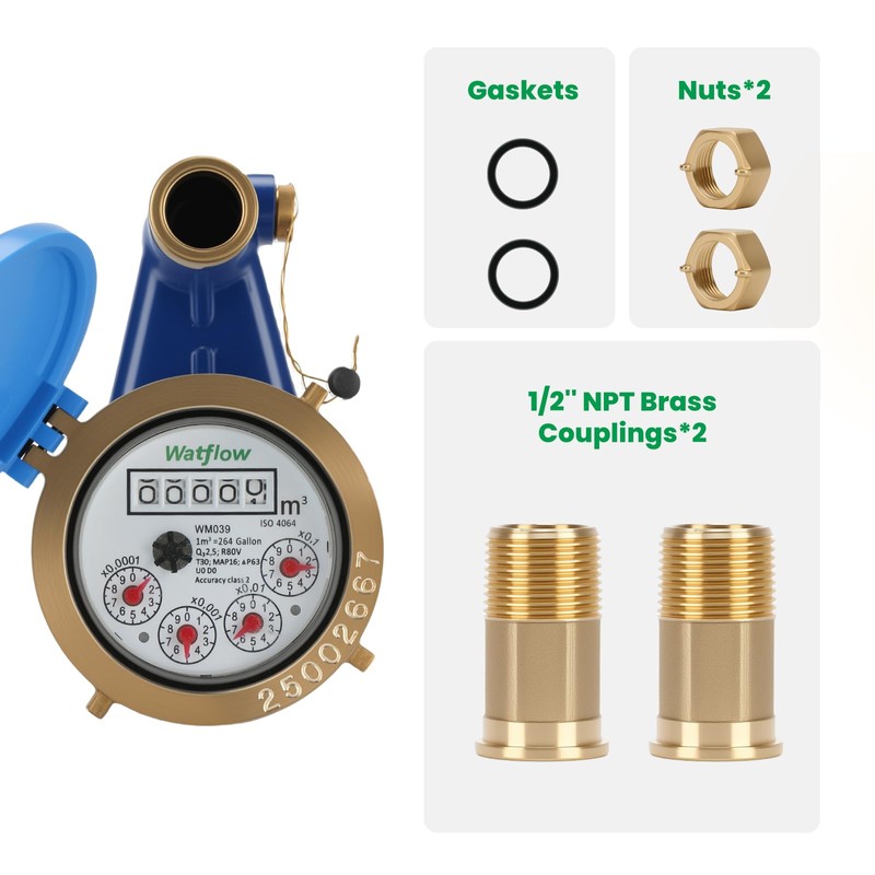 Watflow DN15 Vertical Water Meter with 1/2" NPT Couplings, Heavy