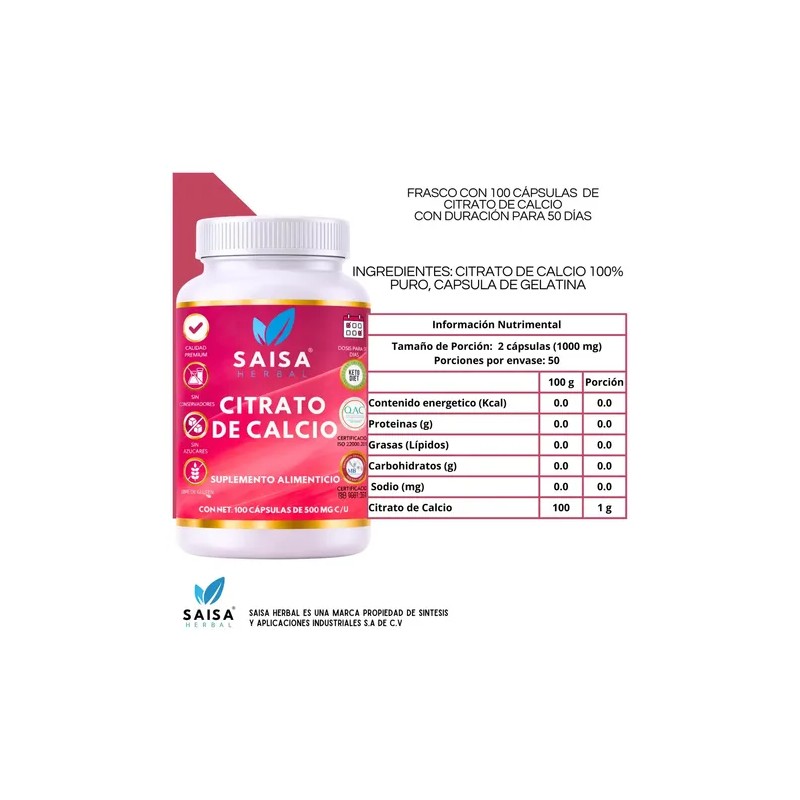 Citrato de Calcio Saisa Herbal, Suplemento para Huesos y Dientes