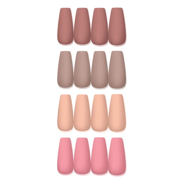 Laza Pack of 96 Colourful Fake Nails Pack of 4 Long Ballet Ballerina Coffin Lotus Pink Nude Champagne Full Cover Long Matte Artificial Acrylic Nails - Lotus Cinnamon