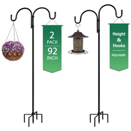 2PCS Double Shepherds Hooks for Outdoor, 92” Heavy Duty Adjustable Height Hooks Two Sided Garden Pole for Hanging Bird Feeder, Plant Baskets, Lanterns, Plant Hanger Stands with 5 Strong Base Prongs