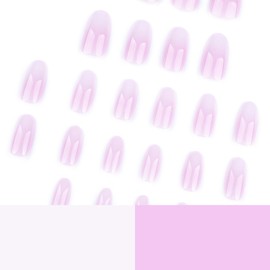 24Pcs Pink White Gradient Almond False Nails - French False Nails Medium - French Tip Natural Nude Style - Medium Length Glossy Full Cover Press On Nails for Women Girls Daily Wear