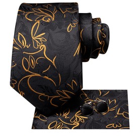 Hi-Tie Mens Black Gold Tie and Handkerchief Set Silk Floral Necktie Pocket Square Cuff-links Sets Wedding Business Holiday