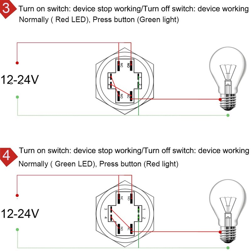 GUUZI 12V-24V/10A Self-Locking Push Button Switch NO/NC Waterproof Green/Red LED