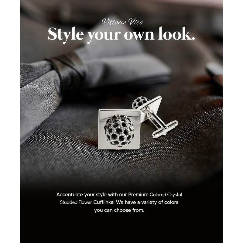 Vittorio Vico Colored Crystal Studded Flower Cuff Links (Black/Silver, CL-1201)