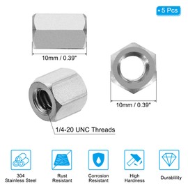 PATIKIL 1/4"-20 UNC 304 Stainless Steel Hex Coupling Nuts, 5Pcs 0.4" Length Fully Threaded Rod Coupling Nut Studding Connector Fasteners, Silver Tone