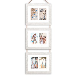 KSROECUD 8x10 Hanging Picture Frames with 6 Openings 4x6 Pictures, HD Real Glass 8x10 Wall Hanging Collage frames with Mat, Hemp Rope Multiple Photo Frames for Wall Decor (White, 1 Pack)