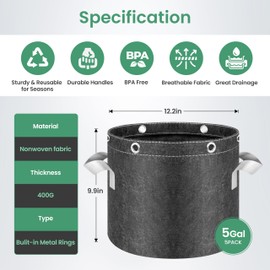 InfiniPower 10 Pack 5 Gallon Plant Grow Bags, 400G Thick Nonwoven Fabric Pots with Multi-Purpose Rings and Handles, Reusable for Low Stress Plant Training Fruits, Vegetables and Flowers