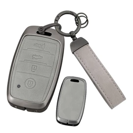 ontto Car Key Fob Cover Case fit for Kia Sorento Sportage Rio Carens Stinger Carnival Optima Soul K2 KX3 I20 QL GT Smart Key holder Metal Leather Shell keyring keychain accessories 4 buttons Grey C