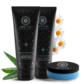 IntHim Depilatory Cream Intimate Area Men Double Pack - Gentle, Thorough Hair Removal Cream Without Shaving + DermaClean Pro Sponge + Intimate Wash Lotion