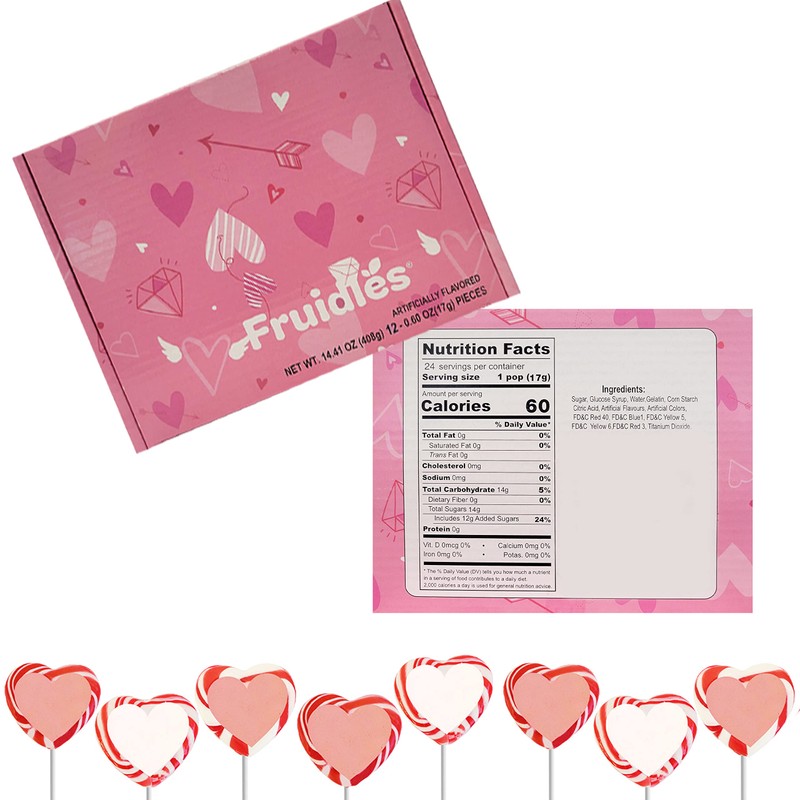 Fruidles Valentine's Red and White Swirl Heart Lollipop Candy Sucker