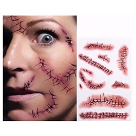 Tinuos Horror Realistic Fake Bloody Wound Stitch Scar Scab Waterproof Temporary Tattoo Sticker Halloween Masquerade Prank Makeup Props-5PC 5PCs