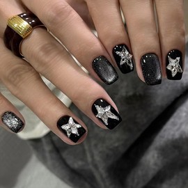 Black Press on Nails Short Square OFDNE Stars Fake Nails False Nails with Rhinestones Designs Full Cover Glossy Glue on Nails Acrylic Nails Stick on Nails for Women Girls 24Pcs