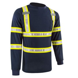 SMASYS Reflective Safety Work Shirts - High Visibility Long Sleeve T Shirts ANSI with Pockets and PVC Reflective Tape for Men,Women (Navy-Yellow,XL)