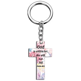 OEHEDOU Cross Keychain God Is Within Her She Will Not Fall Keychain Spiritual Gift For Women Christian Gifts For Female Religious Gifts For Female Girls Bible Verse Prayers Gifts