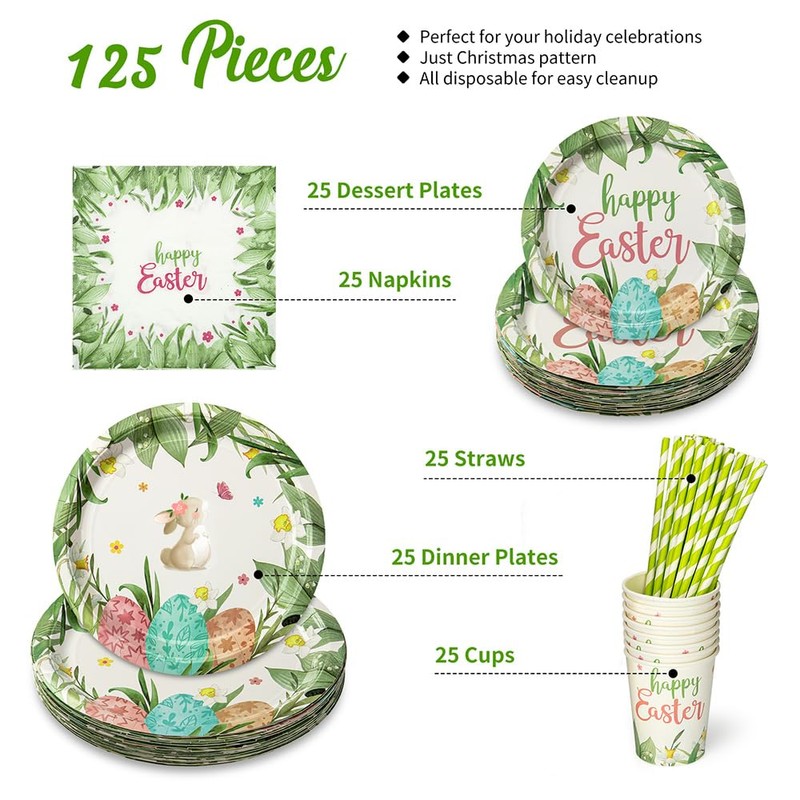 GlowSol 140pcs Easter Disposable Dinnerware Set, Happy Easter Party Supplies