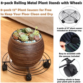8 Packs Large Metal Plant Caddy with Wheels 13" Heavy-Duty Wrought Iron Rolling Plant Stands Wheeled Plant Dolly Plant Roller Base Indoor Outdoor Planter Mover Saucers Black