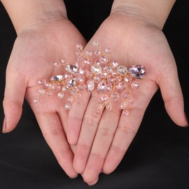 Teyglen Sparkly Rhinestone Bridal Hair Clips Pink Crystal Wedding Hair Barrette Elegant Hair Accessories for Women Bride Side Headpiece Wedding Crystal Hair Piece(Pink)
