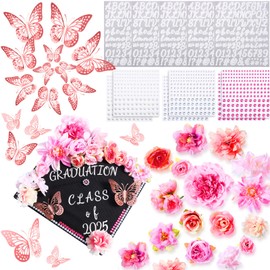 Hoteam Graduation Cap Decorations Kits Included Faux Flowers 3D Butterfly Stickers Self Adhesive Rhinestones Glitter Alphabet Letter Stickers for Grad Cap Topper DIY Craft Art Decor(Bright Pink)