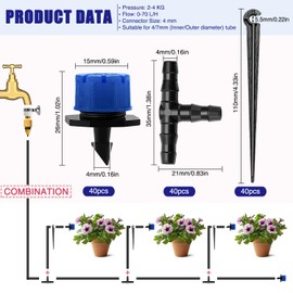 VooGenzek 120 Pieces 4/7 mm Automatic Drip Irrigation Set, 40 Adjustable Micro Drip Droppers + 40 T Connectors + 40 Micro Drip Pipe Holders for Hose 4/7 mm, for Garden, Lawn, Blue