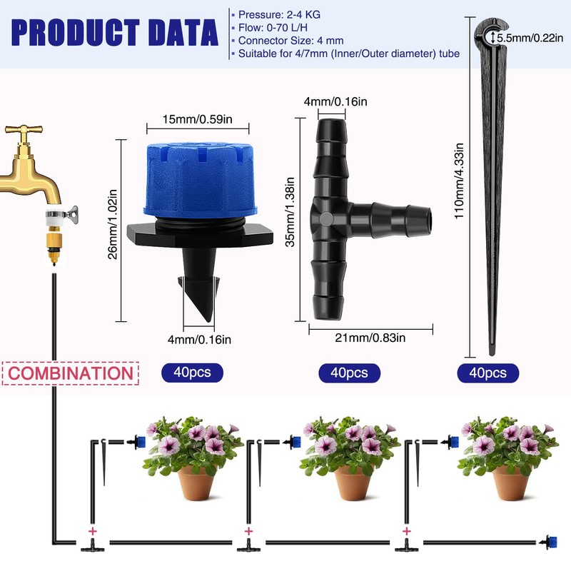 VooGenzek 120 Pieces 4/7 mm Automatic Drip Irrigation Set, 40
