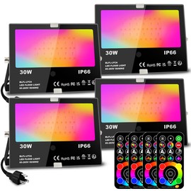 MELPO 30W Led Flood Light Outdoor 300W Equivalent, Color Changing RGB Lights with Remote, 120 RGB Colors, Warm White 2700K, Timing, Custom Mode, Uplight Landscape lights,IP66 US 3-Plug (4 Pack)