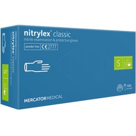 Nitrylex Classic Einweg-Nitrilhandschuhe, schützende Untersuchungshandschuhe, puderfrei, unsteril, Blau, Größe S (6-7), beidhändig tragbar, Mikro + strukturierte Fingerspitze, dispenser box 100 Stk