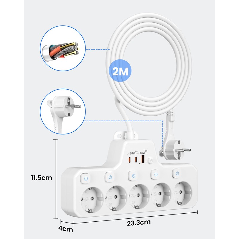 Flat Plug Multiple Socket with Switch, 5-Way Power Strip, Individually