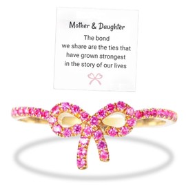 Bopiu 925 Sterling Silver Pink Bow Ring,Mother Daughter Rings,Gifts for Women and Girls,Mother's Day Jewelry, Metal, Cubic Zirconia