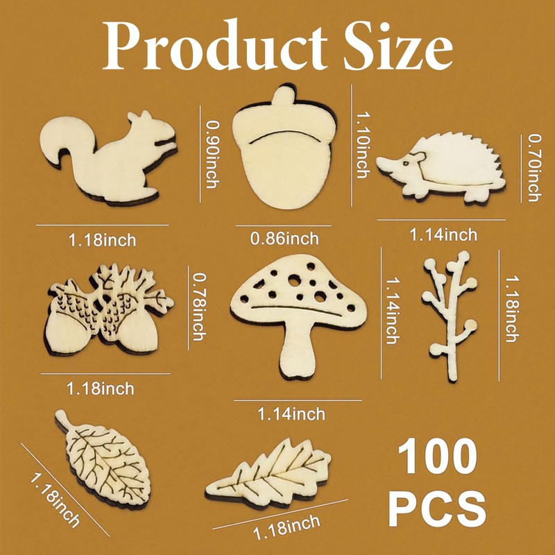 100 PCS Wooden Craft Shapes,Autumn Wooden Mushrooms, Tree Embellishment