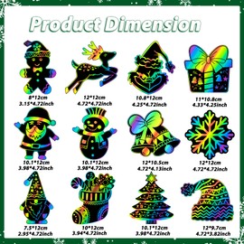 RICEDUO 48 Pcs Christmas Scratch Crafts Art for Kids, Rainbow Christmas Scratch Paper Art with Wooden Sticks, Xmas Ornaments for Kids Party Favors Supplies