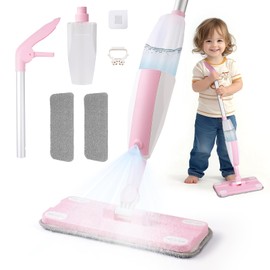 Kids Spray Mop Pink, Real Working Water-Spraying Toy, Montessori Mini Mop with 2 Microfiber Washable Pads, Toddler Cleaning Set for Floor, Christmas Birthday Gifts for Age 3 4 5 6 7 8