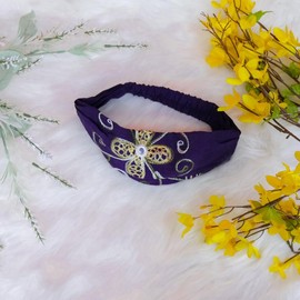 Cotton Head Bands, Boho Hair Wraps, Hand Embroidery Turban, Stretchy Hair Bands, Hippie Hair Accessories, Bohemian Style, Fairy Hair Wraps - Color: Purple