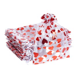 50PCS Love Heart Printed Valentine Candy Bags Organza Bags Gift Jewelry Bags for Wedding Valentine's Day Mother's Day Party (Red, 3.9 x 4.7inch)