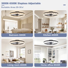 VOLISUN Low Profile Ceiling Fans with Lights and Remote, 23.6in Flush Mount Ceiling Fans with Light, 3000K-6500K Dimmable Fandelier Ceiling Fan, Bladeless Ceilings Fans with Lights for Bedroom(Black)
