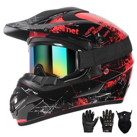 SPARK Dirt Bike Helmets Kids Motorcycle Helmet Youth ATV Motocross Full Face Men Women Off-Road Mountain Bike Helmet Adult with(Gloves Goggles Mask) DOT Approved 4Pcs Set (Red, X-Large)