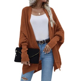 Bsicspace WOM’ens Lightweight Waffle Knit Cardigan for Women Long Batwing Sleeve Open Front Crochet Oversized Brown Cardigan Sweater(Medium,08 Brown)