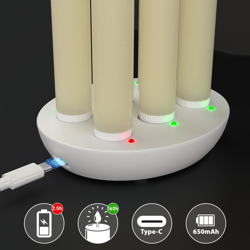 Rechargeable Flameless Taper Candles with Charging Station, 6 Pcs Real