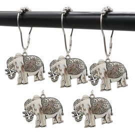 Elephant Shower Curtain Hooks Rings - Rust Proof Stainless Steel Hangers, Decorative Hook Set of 12 with Cute Animal Decor Bathroom Bedroom Living Room Dorm Curtains (Silver), (Shower Ring-18)