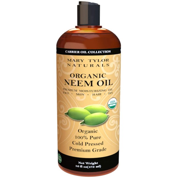 Organic Neem Oil (16 oz), USDA Certified, Cold Pressed, Unrefined, Premium Quality, 100% Pure Great for Skincare and Hair Care by Mary Tylor Naturals