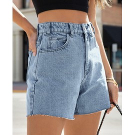 KKSONG Women's High Waisted Stretchy Jean Shorts 2025 Summer Straight Wide Leg Mom Denim Shorts Raw Hem Jean Jorts Light Blue L