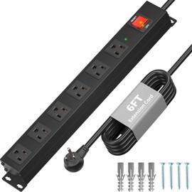 KF 6 Outlet Power Strip Surge Protector, Heavy Duty Wide Spaced Power Strip with 2200J Surge Protection, 15A/1875W Wall Mount Power Strip with Upgraded Switch, 14AWG 6FT Extension Cord, Black