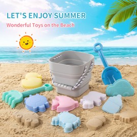 WEYOVGO Silicone Beach Toys - Modern Baby Travel Friendly Beach Set | Bucket, Shovel, 7 Sand Molds, Bag | Sand Toys for Toddlers, Kids - 11pc (Light Gray)