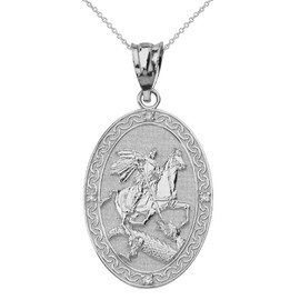 Sideways Crosses 925 Sterling Silver Saint George Slaying the Dragon Oval Medal CZ Necklace (Large), 22"