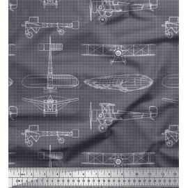 Soimoi Gray Velvet Fabric Check & Airplane Transport Print Fabric by The Yard 58 Inch Wide